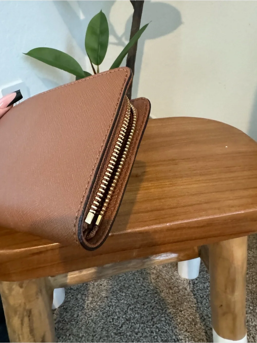 Michael Kors Brown Saffiano Zip Wallet with Gold Hardware